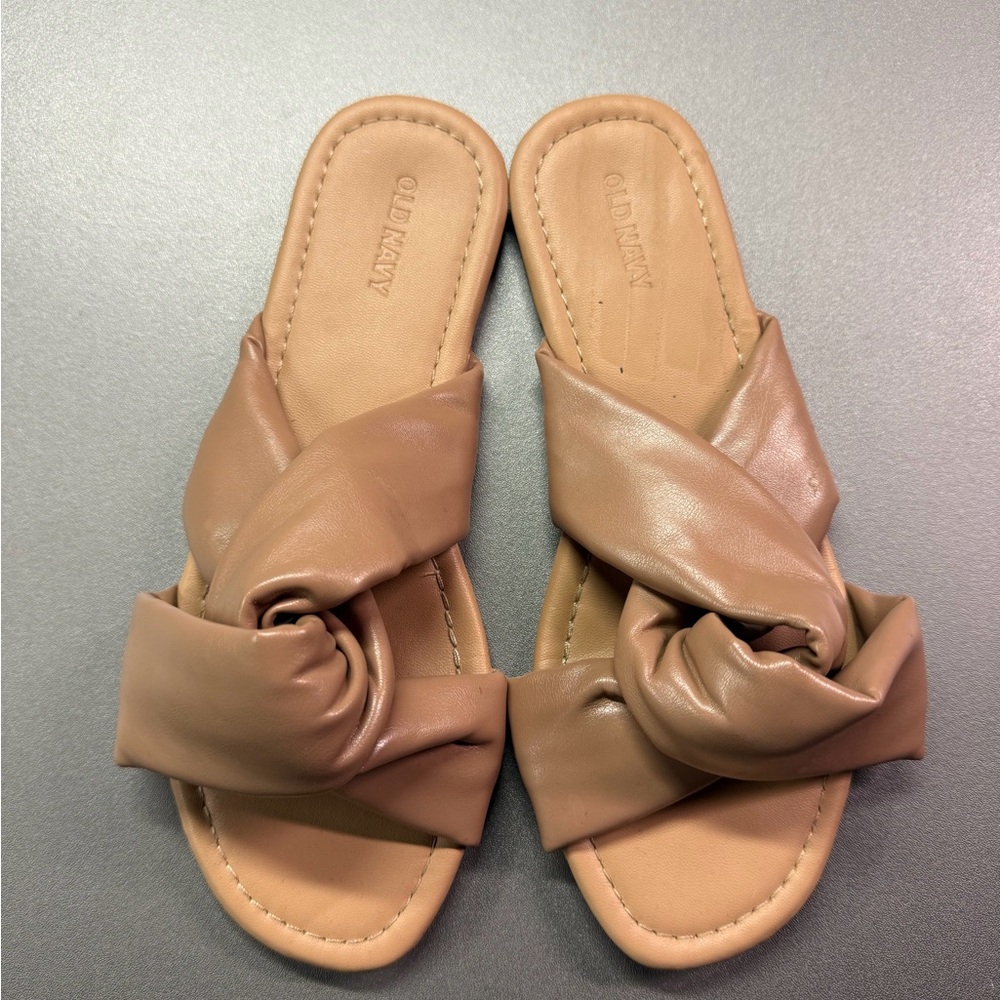 Old Navy Womens Tan Faux Leather Twisted Knot Slide Sandals Size 7 Flat‎ Neutral